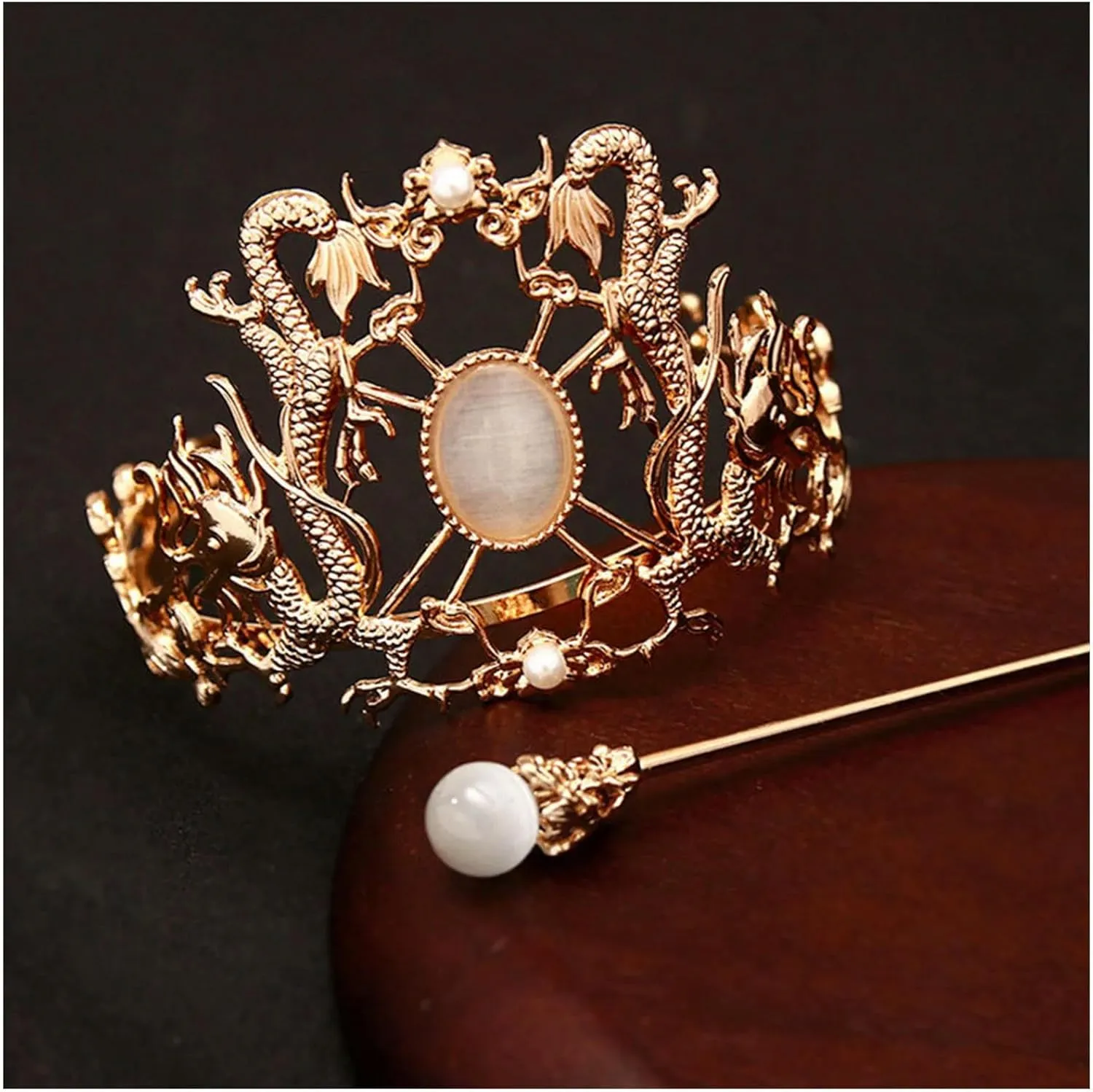 Retro Chinese Hair Crown Golden Tiaras and Crowns Pearl Headbands with Hair Sticks Vintage Hair Jewelry
