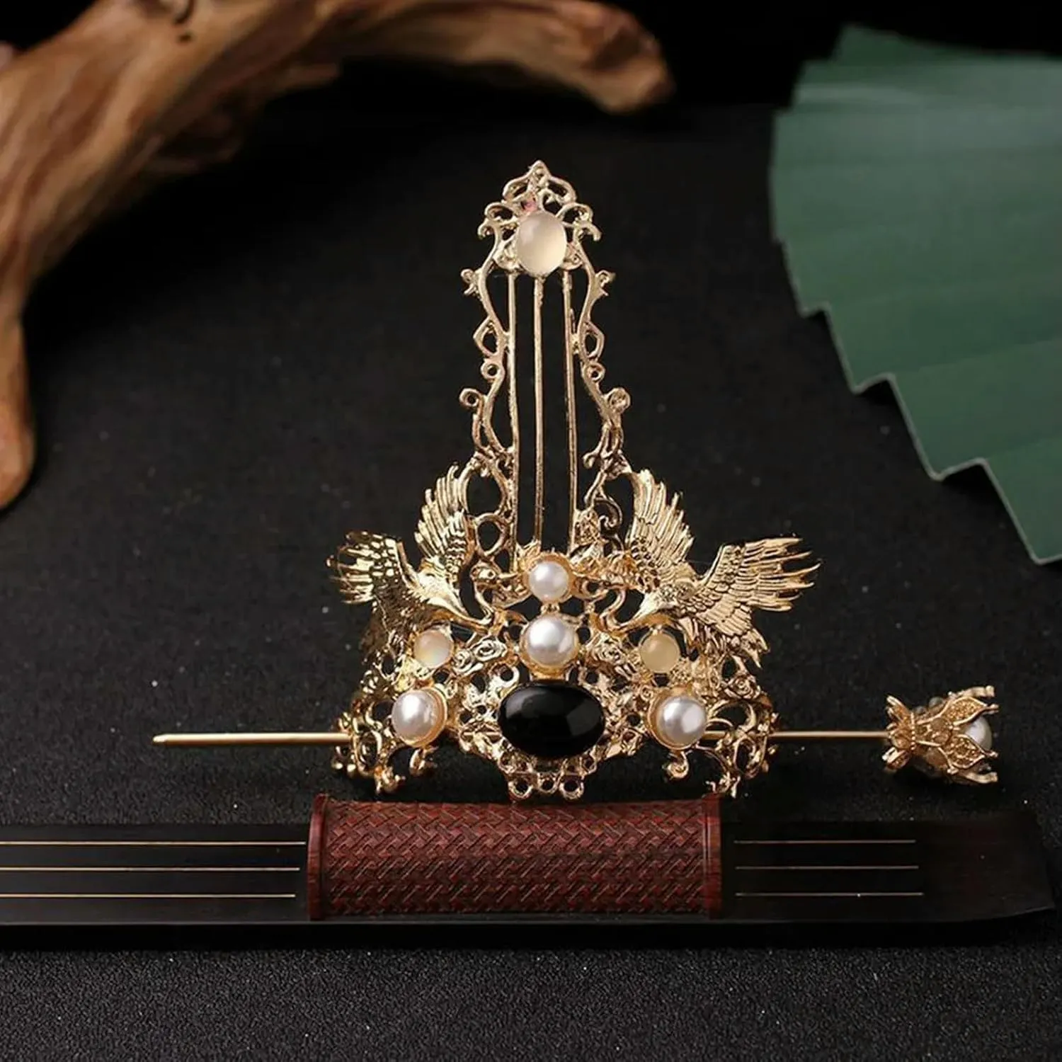Retro Chinese Hair Crown Golden Tiaras and Crowns Pearl Headbands with Hair Sticks Vintage Hair Jewelry