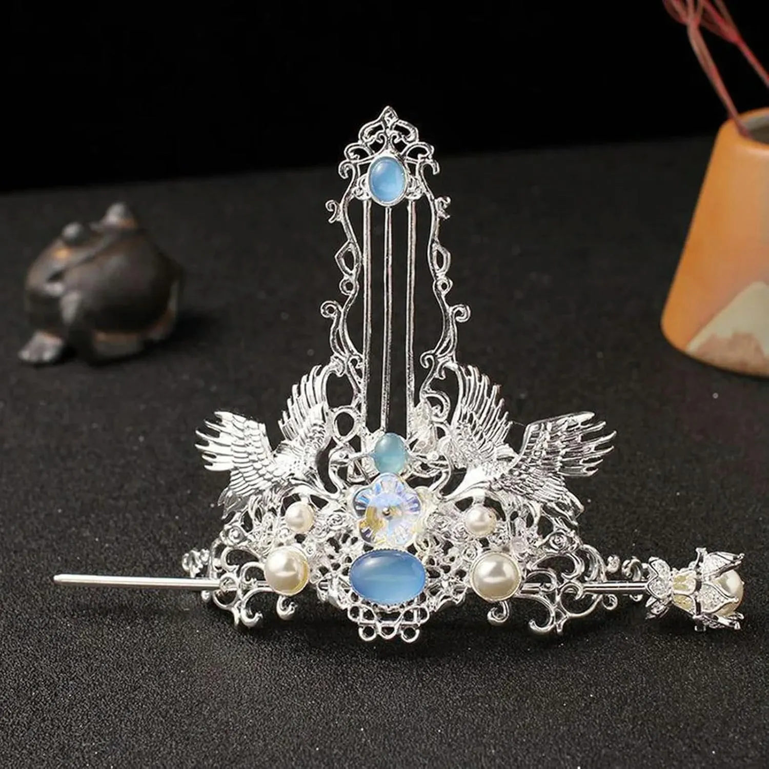 Retro Chinese Hair Crown Golden Tiaras and Crowns Pearl Headbands with Hair Sticks Vintage Hair Jewelry