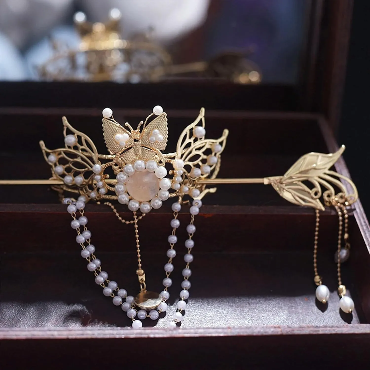 Retro Chinese Hair Crown Golden Tiaras and Crowns Pearl Headbands with Hair Sticks Vintage Hair Jewelry
