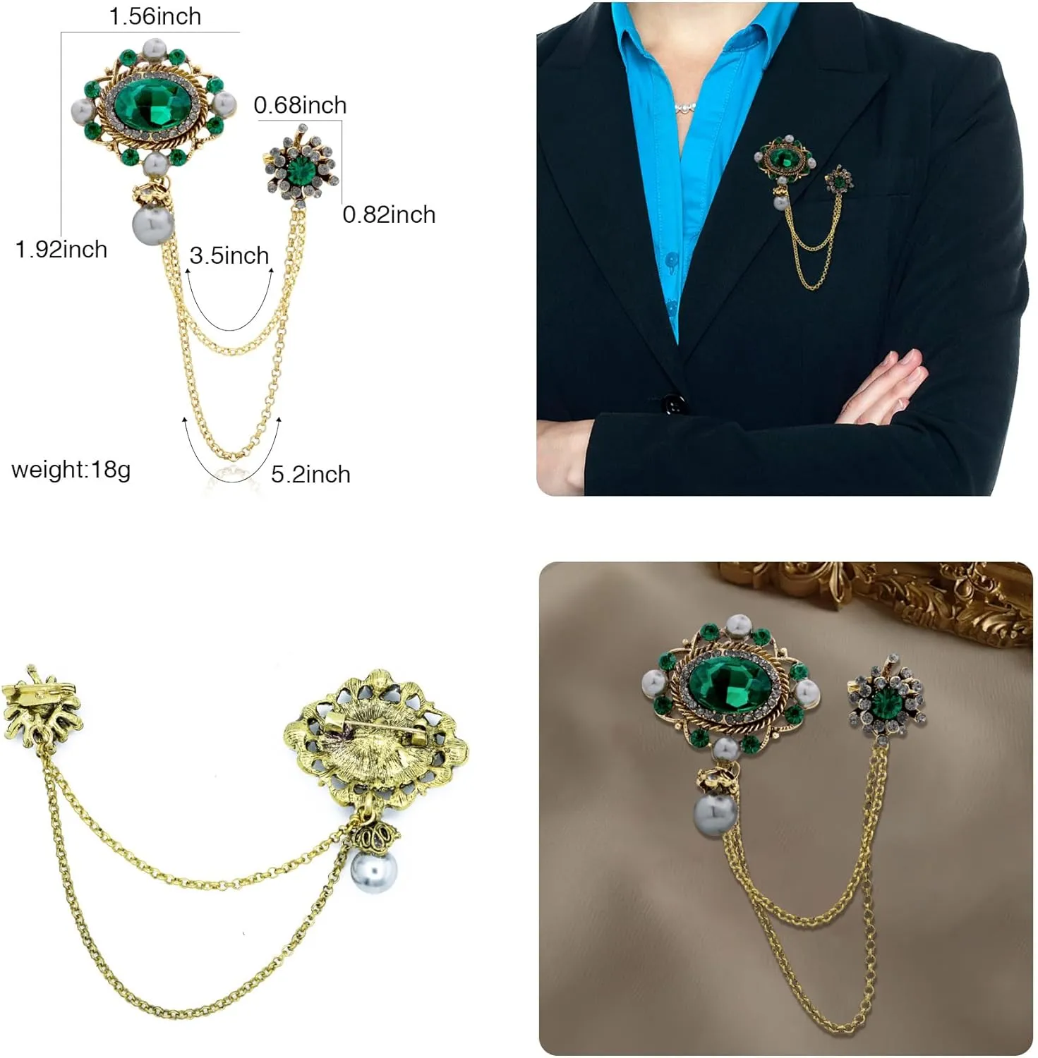 Retro Crystal Flower Geometry Lapel Pin for Men Rhinestone With Hanging Chain Brooch for Men Suit Fashion Gold Collar Pins for Men Women Gifts