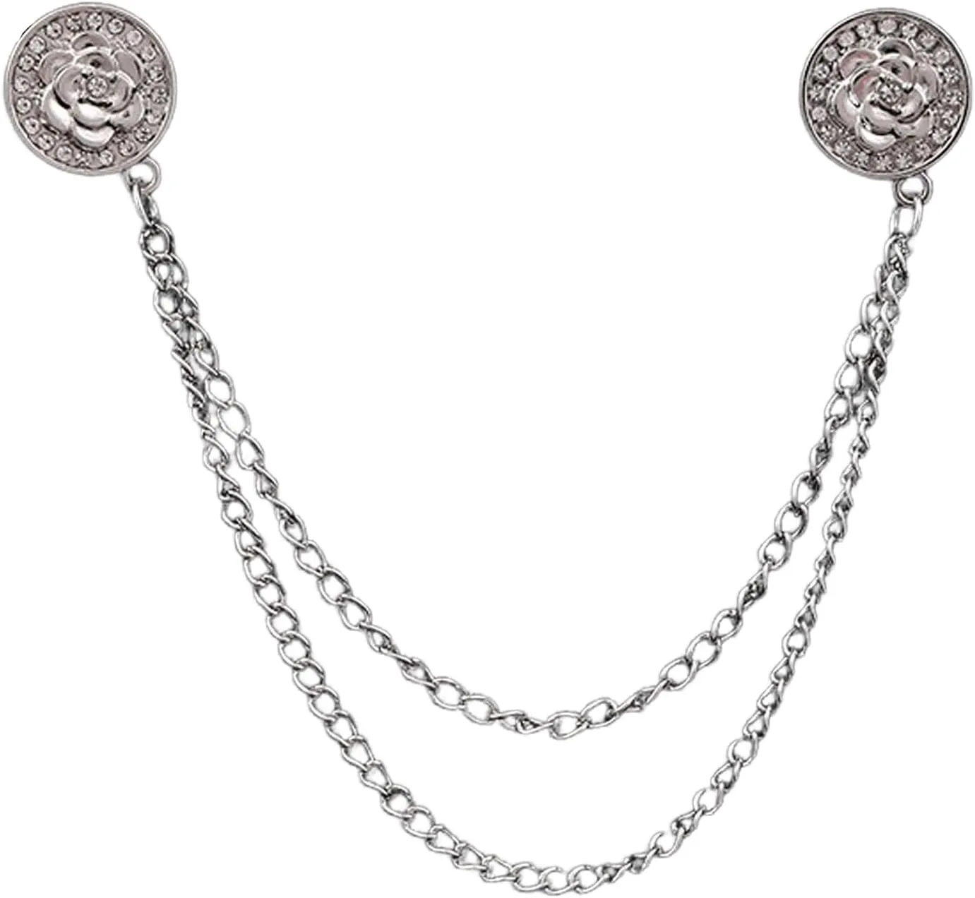 Retro Silver Plated Chain Crystal Rose Flower Brooches Collar Pins Rhinestone With Hanging Chain Suit Shirt Floral Lapel Brooch Pin Fashion Jewelry for Men