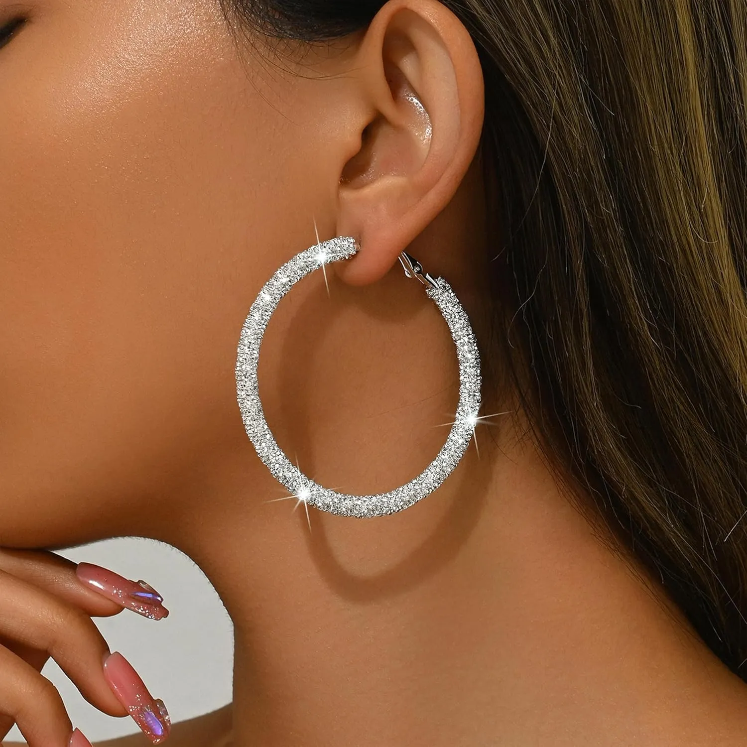 Rhinestone Hoop Earrings Trendy Earrings for Women 2025 Prom Dresses 2025 Big/Large Hoop Earrings Sparkly Glitter Hoops Earring Wedding Prom Formal Jewelry Gifts