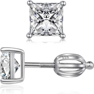 Rhodium Plated Sparkling CZ Diamond Stud Earrings 925 Sterling Silver Round Cut and Princess Cut 5A  Cubic Zirconia Stud Earrings | Screw Back CZ Stud Earrings Hypoallergenic Earrings