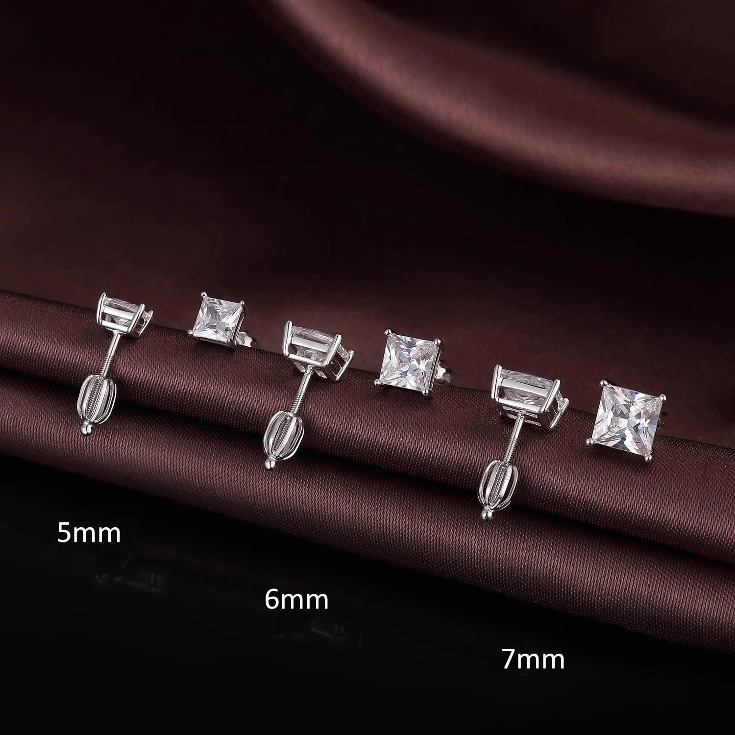Rhodium Plated Sparkling CZ Diamond Stud Earrings 925 Sterling Silver Round Cut and Princess Cut 5A  Cubic Zirconia Stud Earrings | Screw Back CZ Stud Earrings Hypoallergenic Earrings