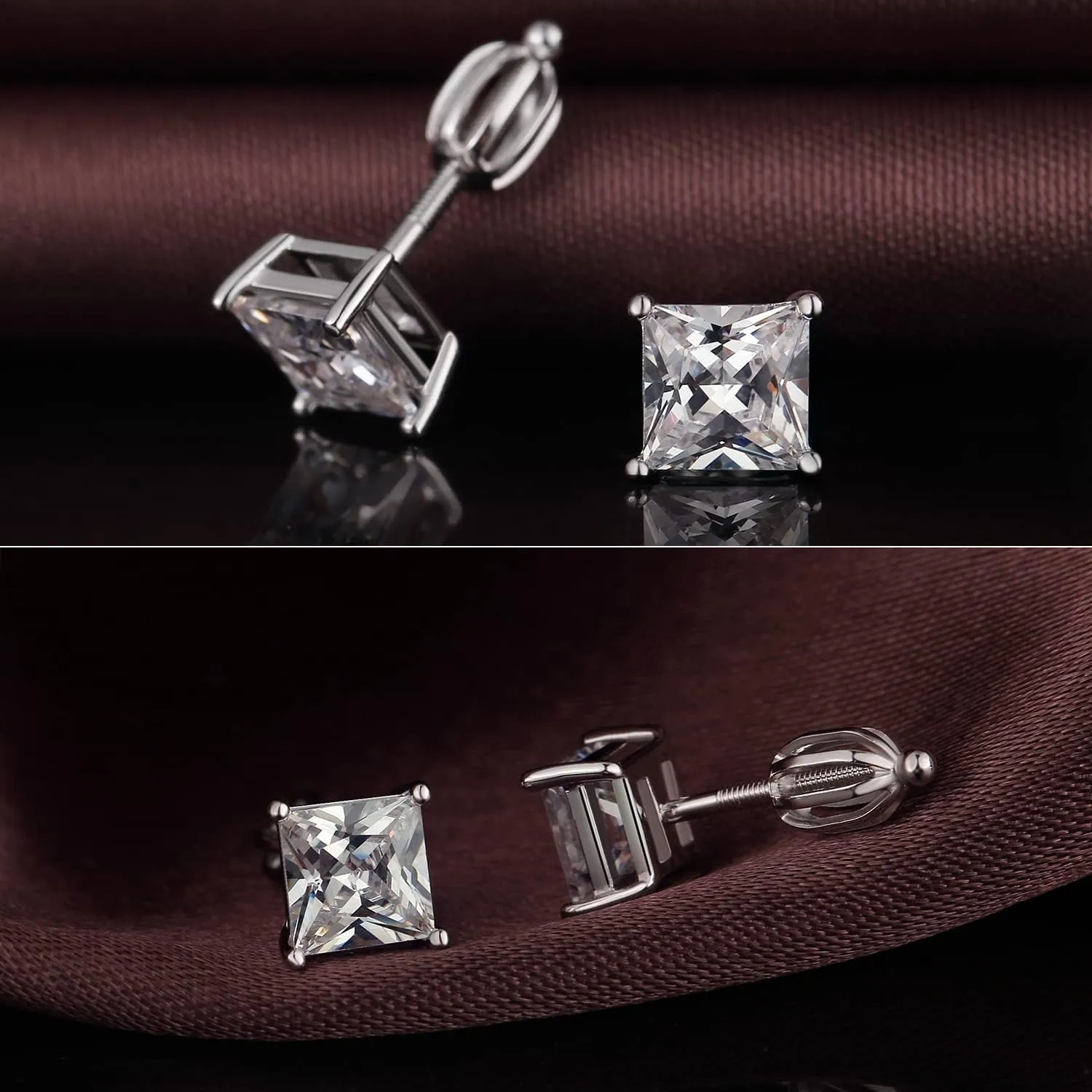 Rhodium Plated Sparkling CZ Diamond Stud Earrings 925 Sterling Silver Round Cut and Princess Cut 5A  Cubic Zirconia Stud Earrings | Screw Back CZ Stud Earrings Hypoallergenic Earrings