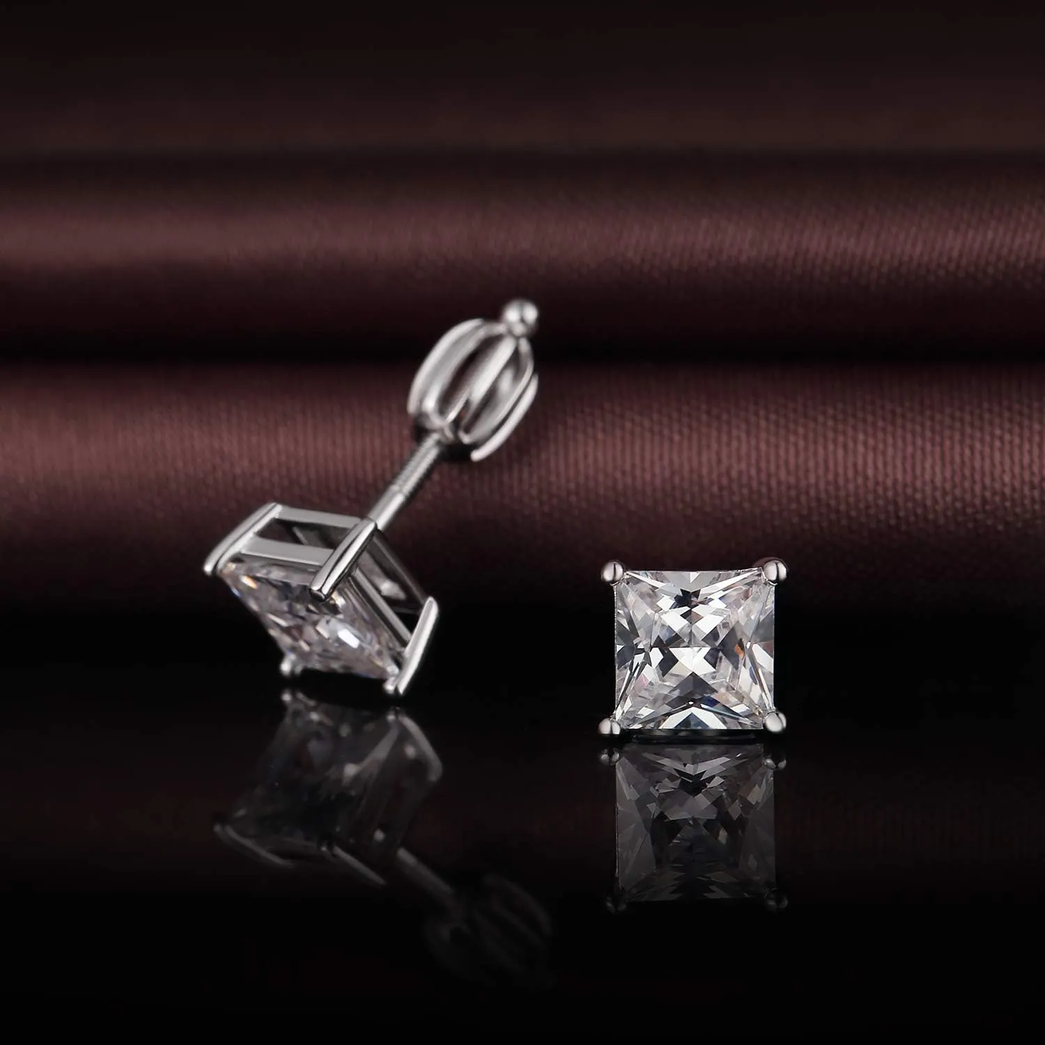 Rhodium Plated Sparkling CZ Diamond Stud Earrings 925 Sterling Silver Round Cut and Princess Cut 5A  Cubic Zirconia Stud Earrings | Screw Back CZ Stud Earrings Hypoallergenic Earrings