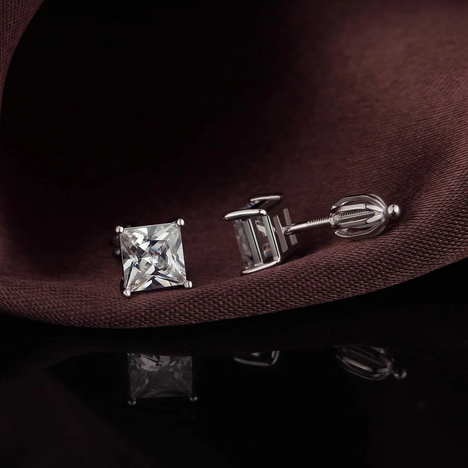 Rhodium Plated Sparkling CZ Diamond Stud Earrings 925 Sterling Silver Round Cut and Princess Cut 5A  Cubic Zirconia Stud Earrings | Screw Back CZ Stud Earrings Hypoallergenic Earrings