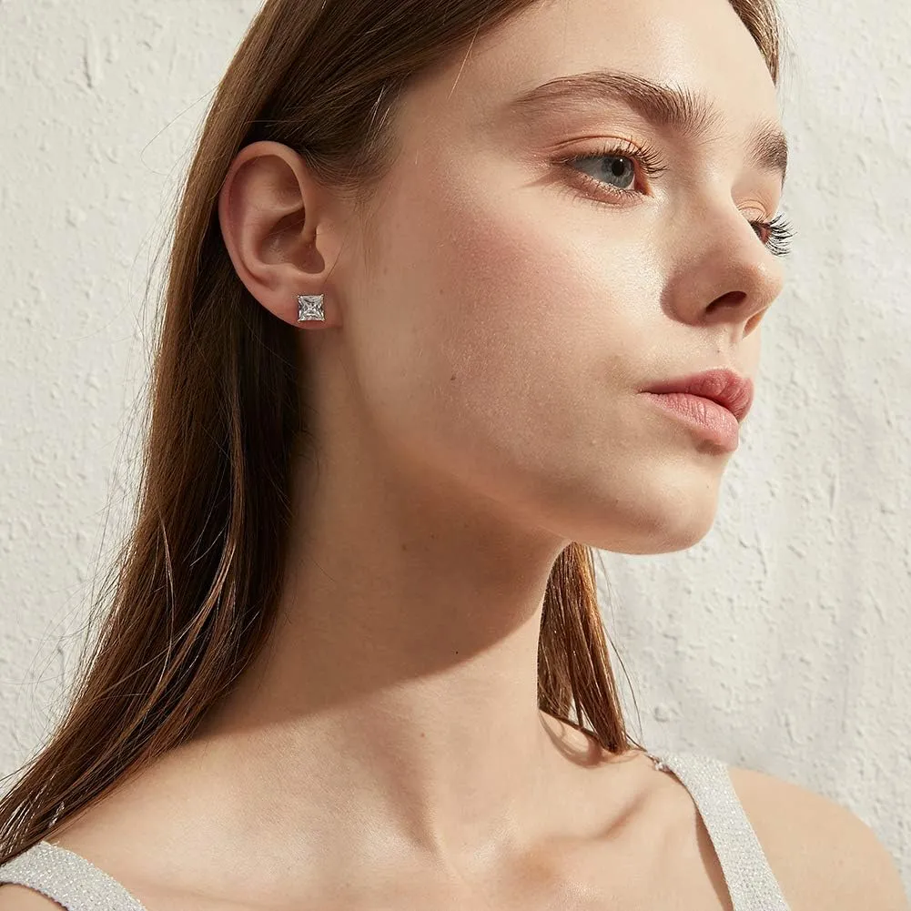 Rhodium Plated Sparkling CZ Diamond Stud Earrings 925 Sterling Silver Round Cut and Princess Cut 5A  Cubic Zirconia Stud Earrings | Screw Back CZ Stud Earrings Hypoallergenic Earrings