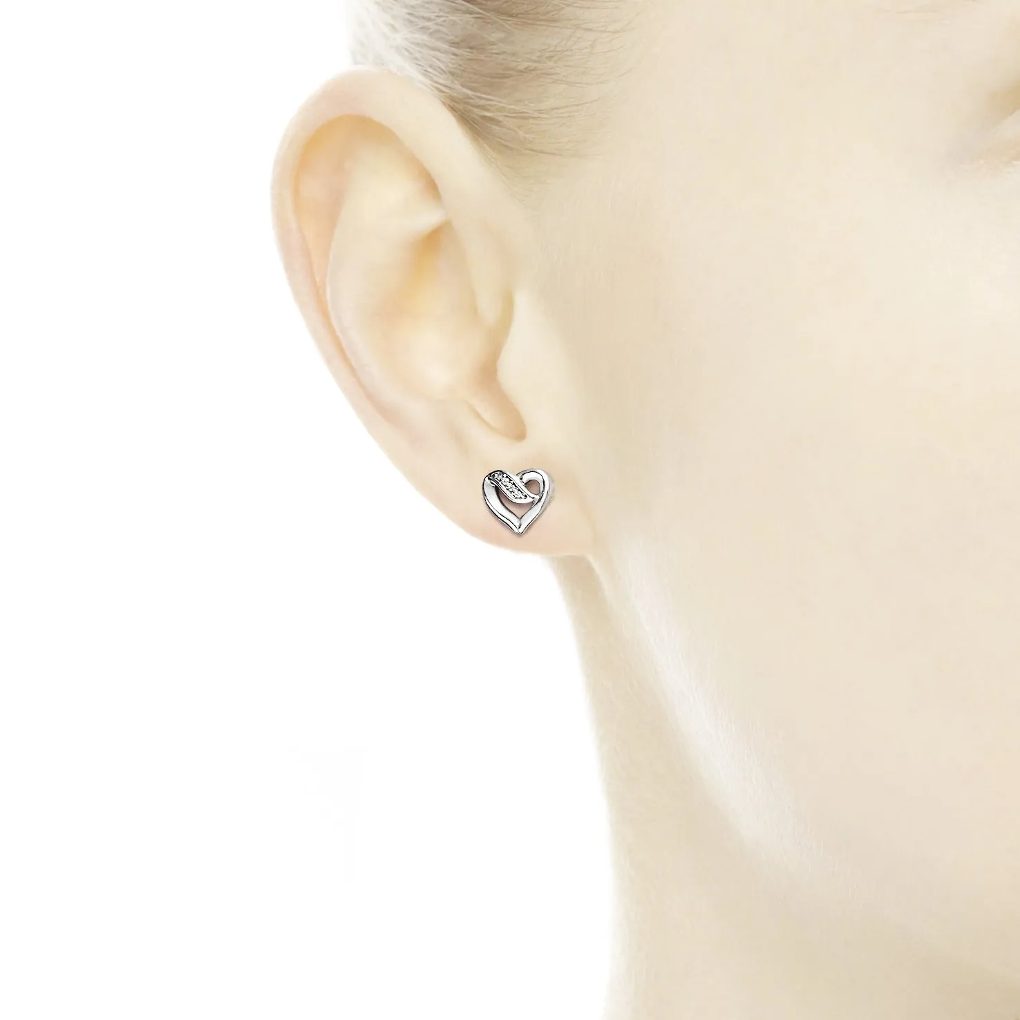 Ribbon heart silver stud earrings with clear cubic zirconia