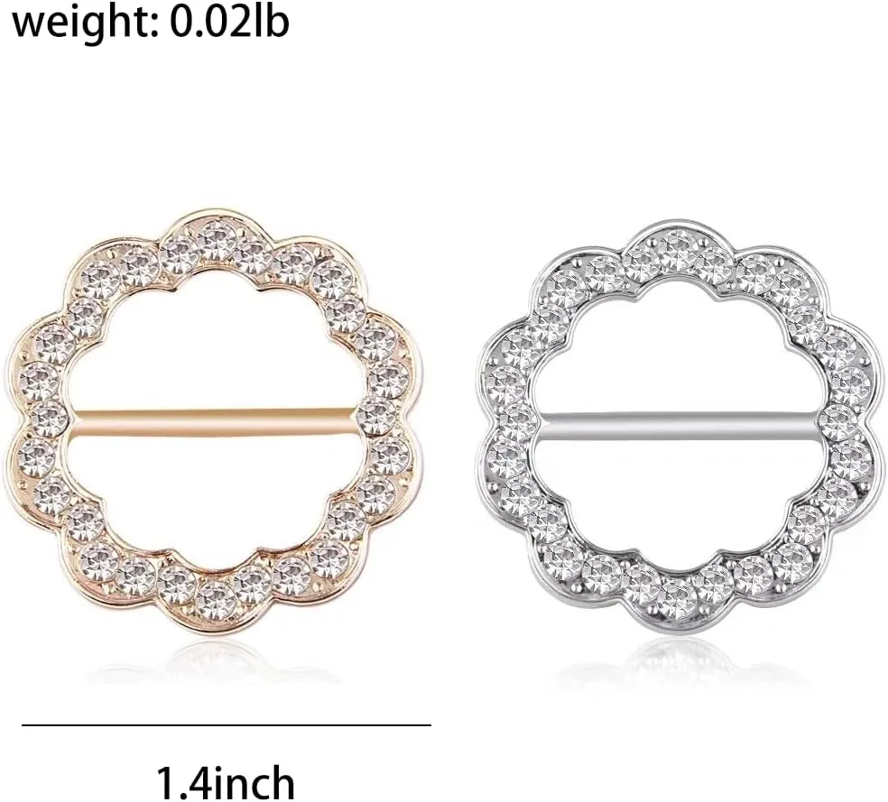 ROFARSO 2Pics Round Flower Shaped Scarf Ring Buckle for Women Girls Fashion Rhinestone Crystal Jewelry Scarf Clasp Clips Accessories for Shawl Scarf Shirt