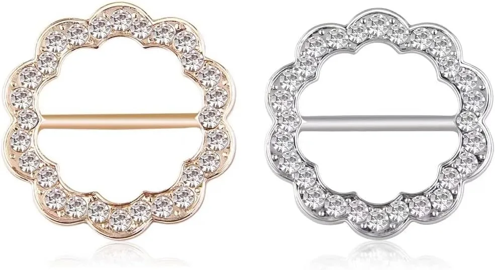 ROFARSO 2Pics Round Flower Shaped Scarf Ring Buckle for Women Girls Fashion Rhinestone Crystal Jewelry Scarf Clasp Clips Accessories for Shawl Scarf Shirt