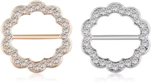ROFARSO 2Pics Round Flower Shaped Scarf Ring Buckle for Women Girls Fashion Rhinestone Crystal Jewelry Scarf Clasp Clips Accessories for Shawl Scarf Shirt