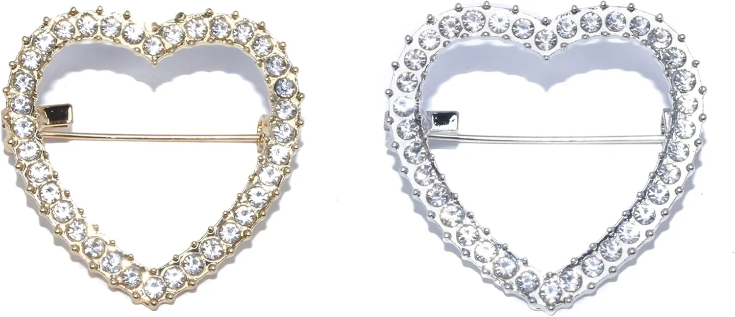 ROFARSO Heart Brooch Pins for Women Feminist Fashion Jewelry with Rhinestone Crystal, Accessory for Shawl Scarf Buckle Sweater Cardigan, Gift for Women Mother Bride Girl (2pics, Gold & Silver)