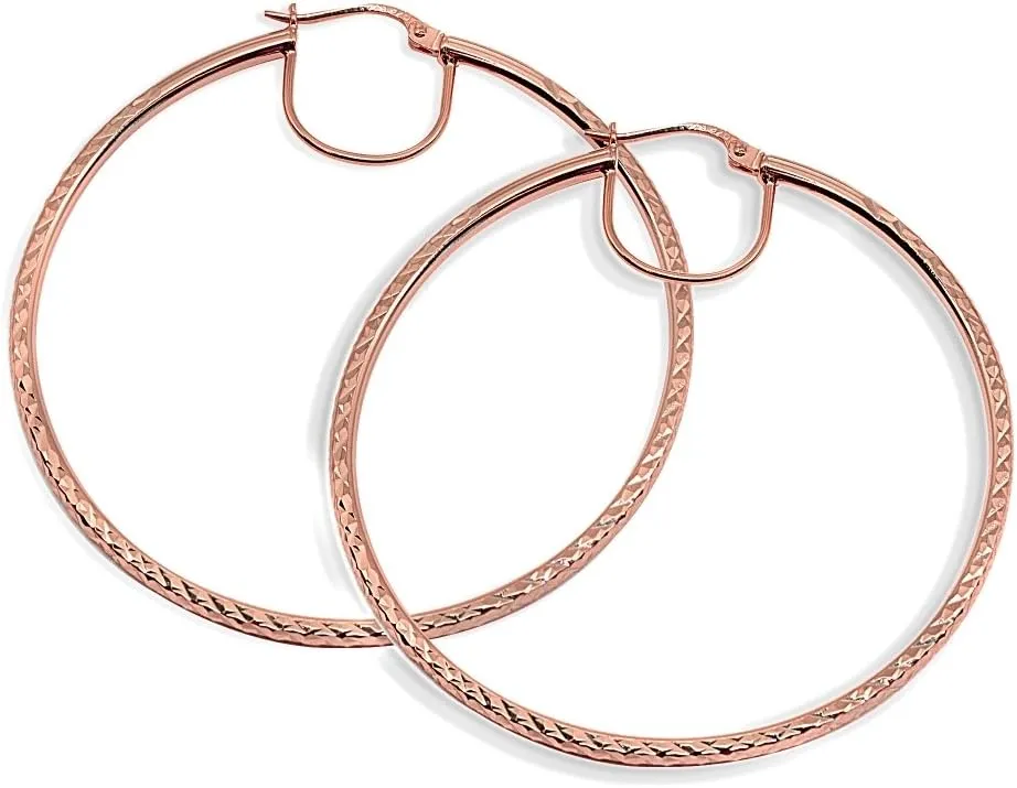 Rose Gold Flash Sterling Silver Diamond-Cut Round Large Hoop Earrings for Women (2x50mm - 70mm Diameter)