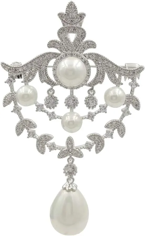 Royal Vintage Silver-Tone Double Loop Brooch Pins with Foiled Mother of Pearl Drops