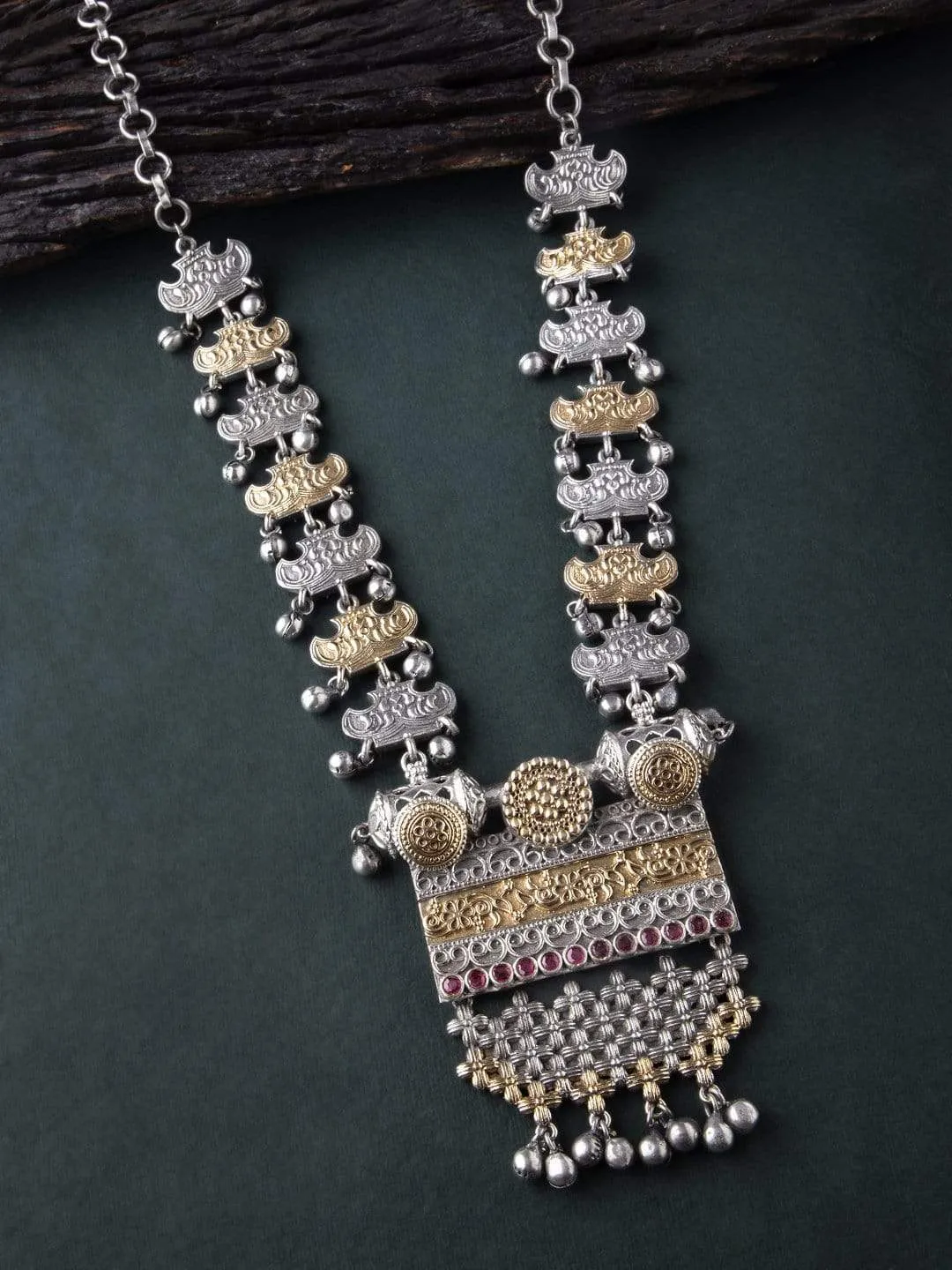 Rubans Oxidised Silver Plated Dual Tone Contemporary Statement Necklace