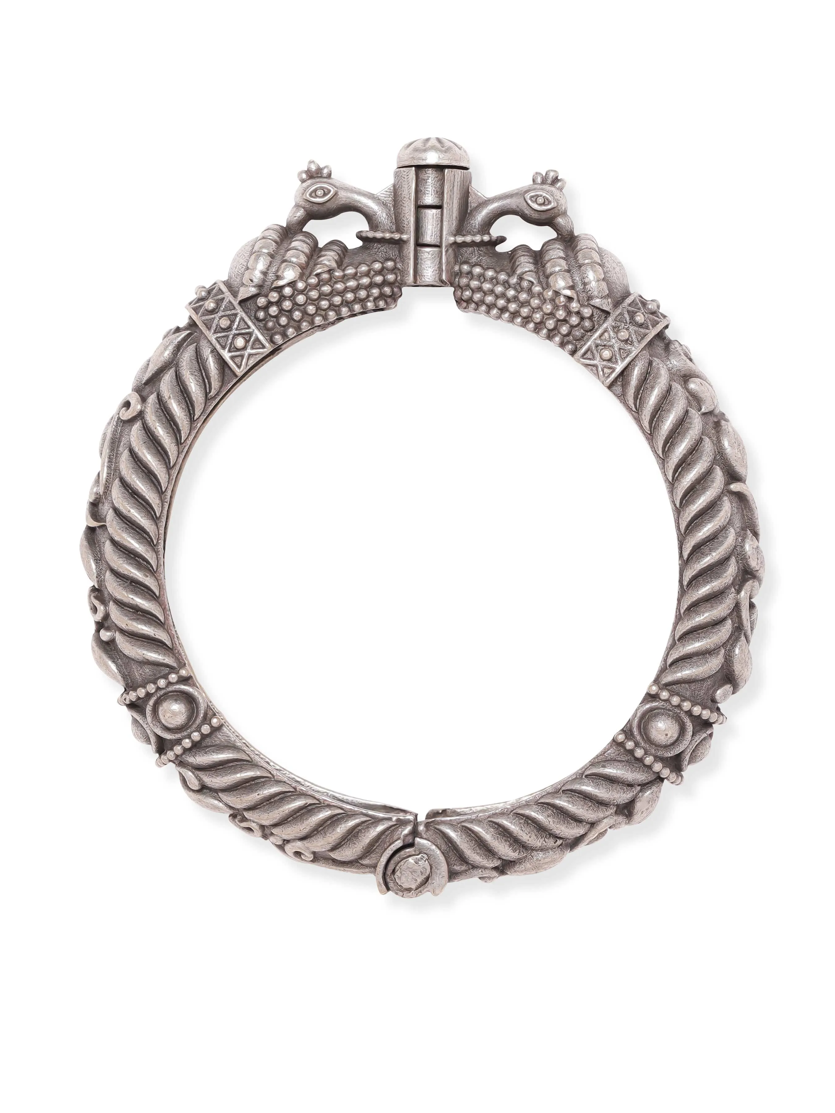 Rubans Oxidized Silver Plated Kada Bracelet with Peacock Motif