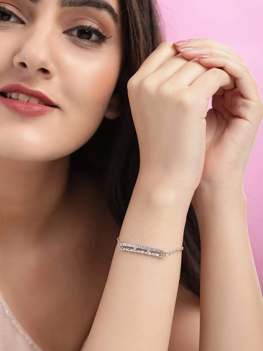 Rubans Silver Plated Handcrafted White Stone Chain Bracelet