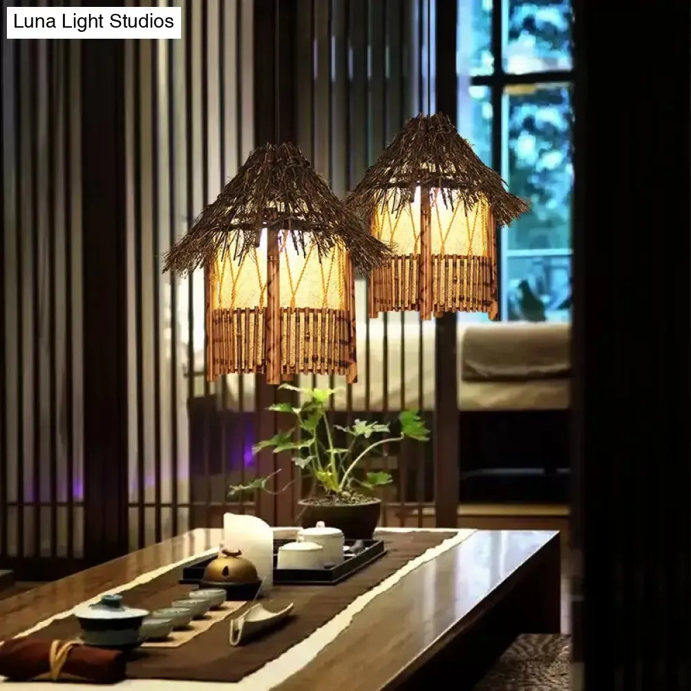 Rustic House Shaped Pendant Lighting: Bamboo Tearoom Ceiling Light in Brown