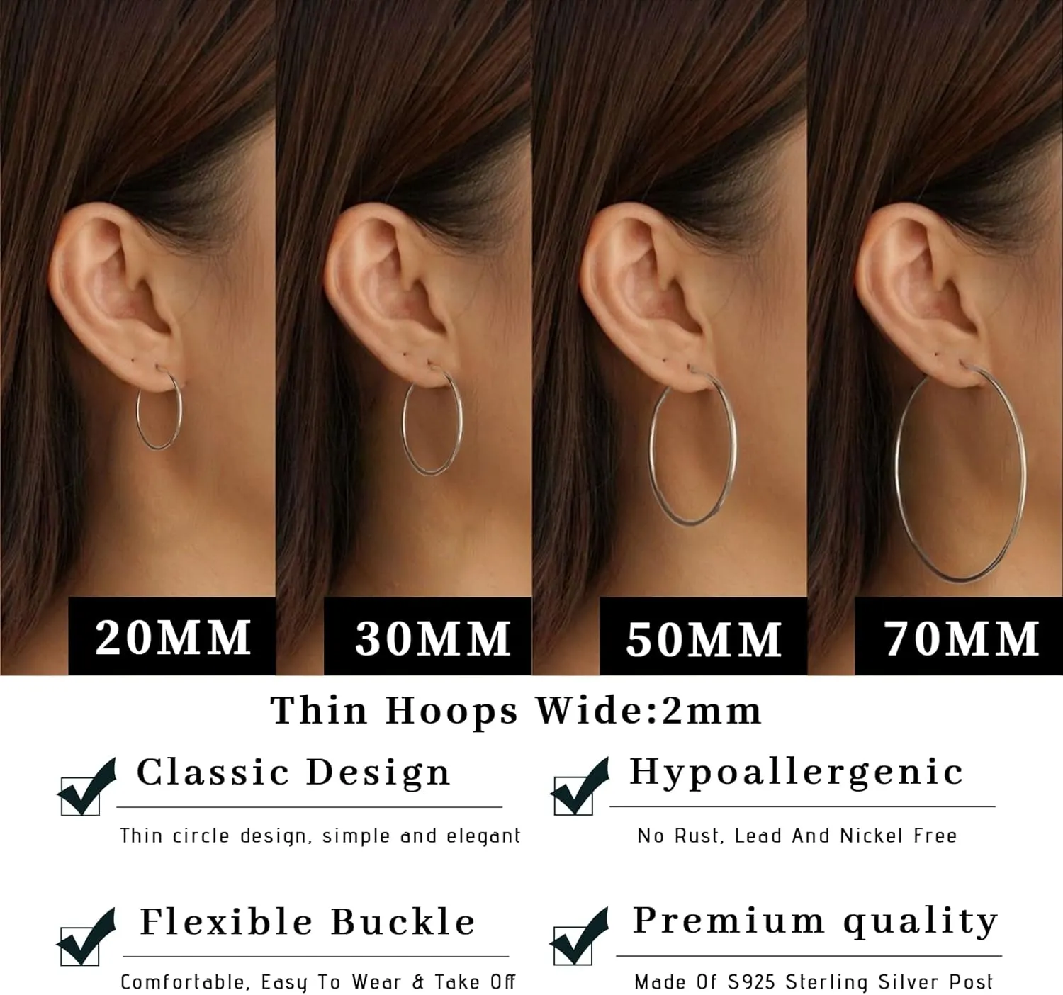 Senteria 2mm Wide 925 Sterling Silver Hoop Earrings for Women Hypoallergenic Lightweight Thin Large Big Gold Hoops Earrings for Women 20/30/50/70MM