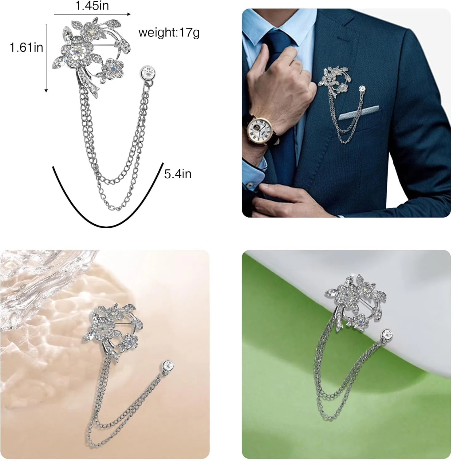 Silver Crystal Flower Leaf Birdie Brooch Lapel Pin for Men Rhinestone Pearl With Hanging Chain Brooch for Men Suit Fashion Tuxedo Tie Hat Scarf Collar Pins for Men Women Gifts