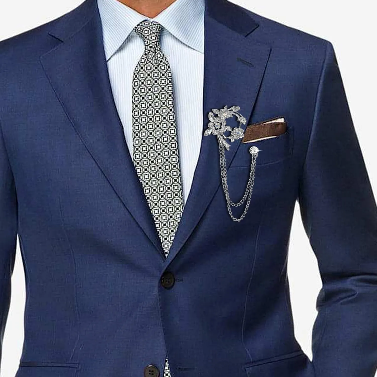 Silver Crystal Flower Leaf Birdie Brooch Lapel Pin for Men Rhinestone Pearl With Hanging Chain Brooch for Men Suit Fashion Tuxedo Tie Hat Scarf Collar Pins for Men Women Gifts