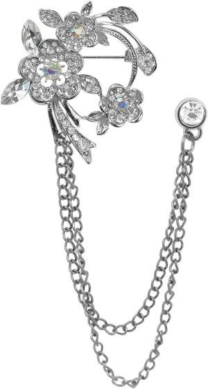 Silver Crystal Flower Leaf Birdie Brooch Lapel Pin for Men Rhinestone Pearl With Hanging Chain Brooch for Men Suit Fashion Tuxedo Tie Hat Scarf Collar Pins for Men Women Gifts