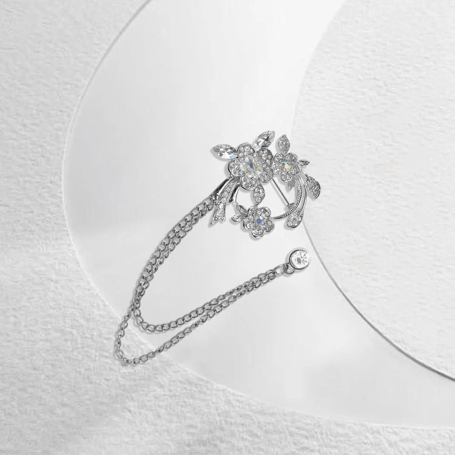 Silver Crystal Flower Leaf Birdie Brooch Lapel Pin for Men Rhinestone Pearl With Hanging Chain Brooch for Men Suit Fashion Tuxedo Tie Hat Scarf Collar Pins for Men Women Gifts