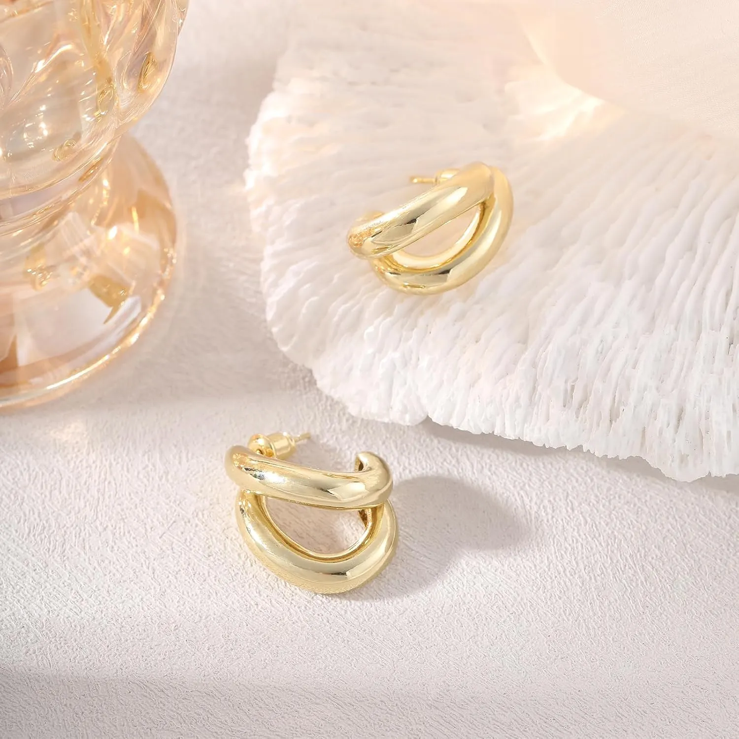 Small Gold Hoop Earrings for Women - Dainty 14K Gold Plated Stud Set - Cartilage Earrings for Multiple Piercings - Simple Jewelry Gift