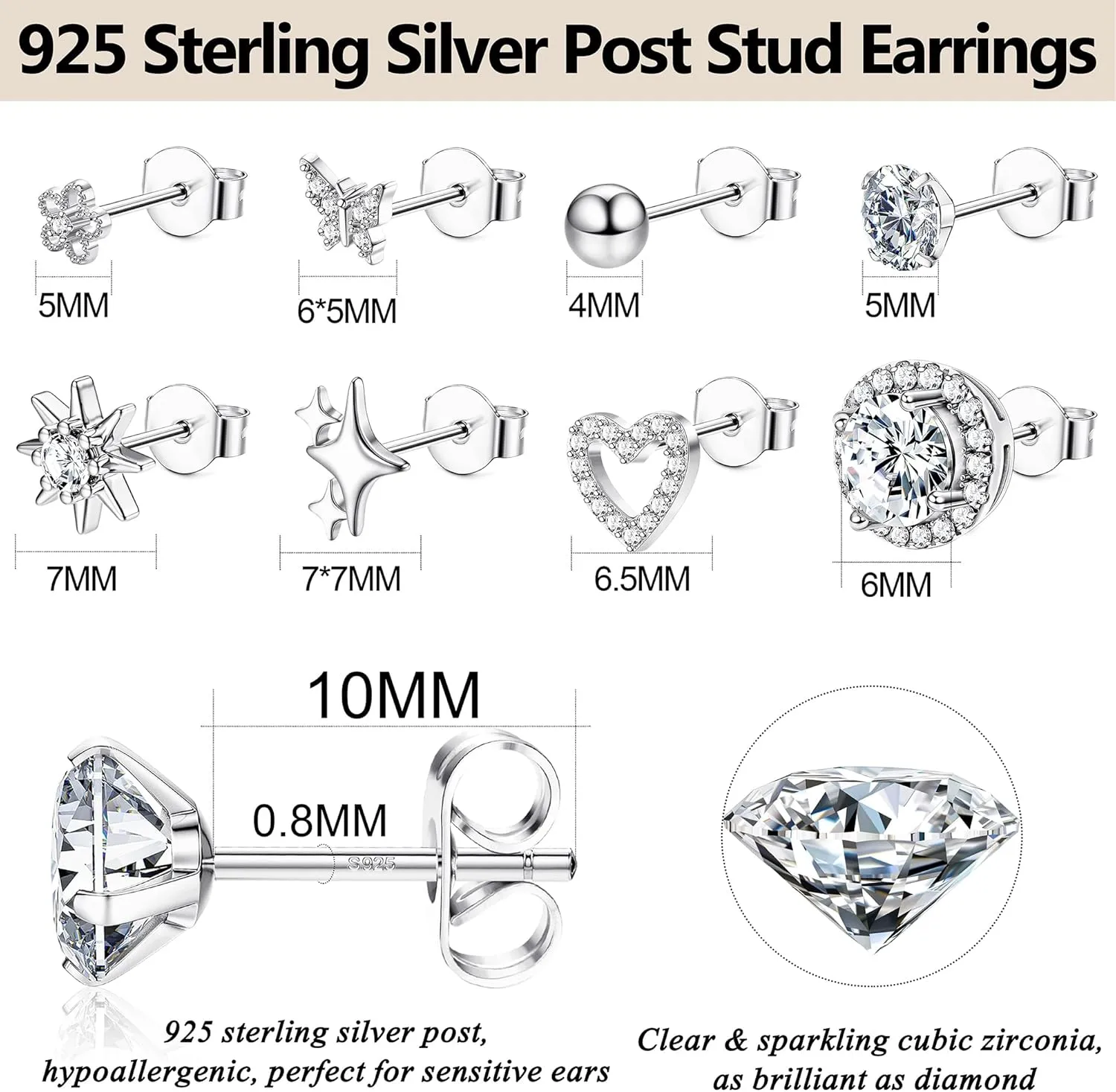 Small Gold Stud Earrings Set for Women Hypoallergenic S925 Sterling Silver Post Butterfly CZ Stud Cartilage Earring Set for Sensitive Ears Jewelry Gift
