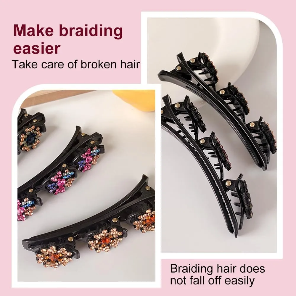 Sparkling Crystal Stone Braided Hair Clips for Women and Girls, 2025 New Rhinestone Hair Clips Hair Braid Clips, Easily Braided Hair Bands, Shiny Rhinestone Hair Clip (Pink, 4PCS)