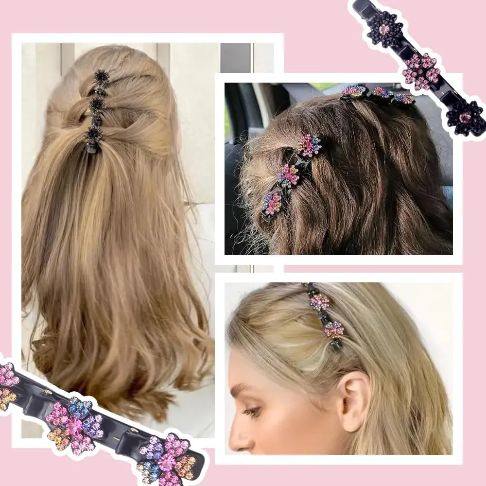 Sparkling Crystal Stone Braided Hair Clips for Women and Girls, 2025 New Rhinestone Hair Clips Hair Braid Clips, Easily Braided Hair Bands, Shiny Rhinestone Hair Clip (Pink, 4PCS)