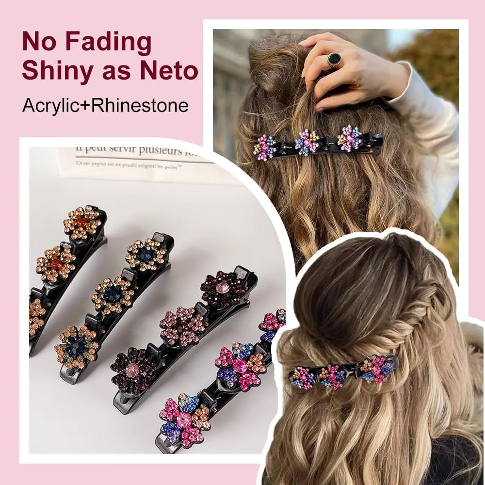 Sparkling Crystal Stone Braided Hair Clips for Women and Girls, 2025 New Rhinestone Hair Clips Hair Braid Clips, Easily Braided Hair Bands, Shiny Rhinestone Hair Clip (Pink, 4PCS)