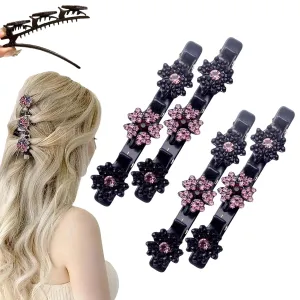 Sparkling Crystal Stone Braided Hair Clips for Women and Girls, 2025 New Rhinestone Hair Clips Hair Braid Clips, Easily Braided Hair Bands, Shiny Rhinestone Hair Clip (Pink, 4PCS)