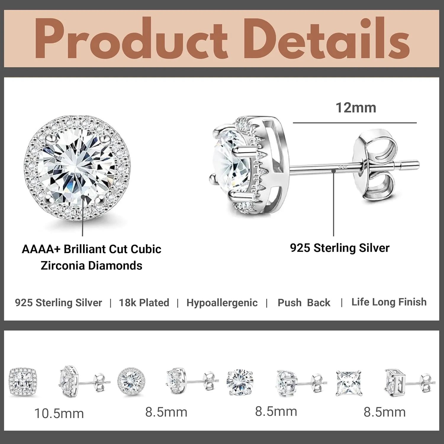 Sparky Cubic Zicronia Studs Earrings for Women Men | Hypoallergenic 18K Gold Plated 925 Sterling Silver Earrings | Brilliant Cut CZ Diamond Studs Earrings for Women | Gift For Her