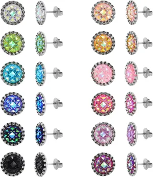Stainless Steel Round Druzy Multi Colored Stud Earring Set for Men Women Gold Plated Surgical Steel Faux Druzy Stud Earrings 12 Pairs