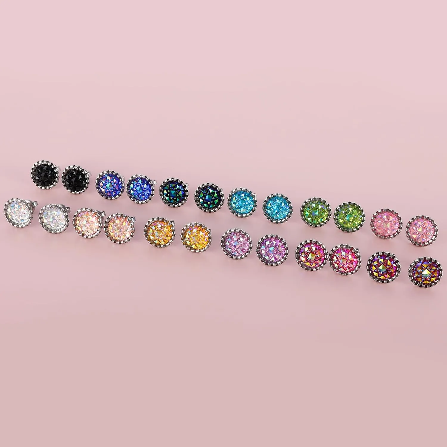 Stainless Steel Round Druzy Multi Colored Stud Earring Set for Men Women Gold Plated Surgical Steel Faux Druzy Stud Earrings 12 Pairs