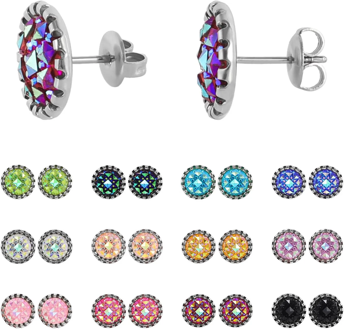 Stainless Steel Round Druzy Multi Colored Stud Earring Set for Men Women Gold Plated Surgical Steel Faux Druzy Stud Earrings 12 Pairs
