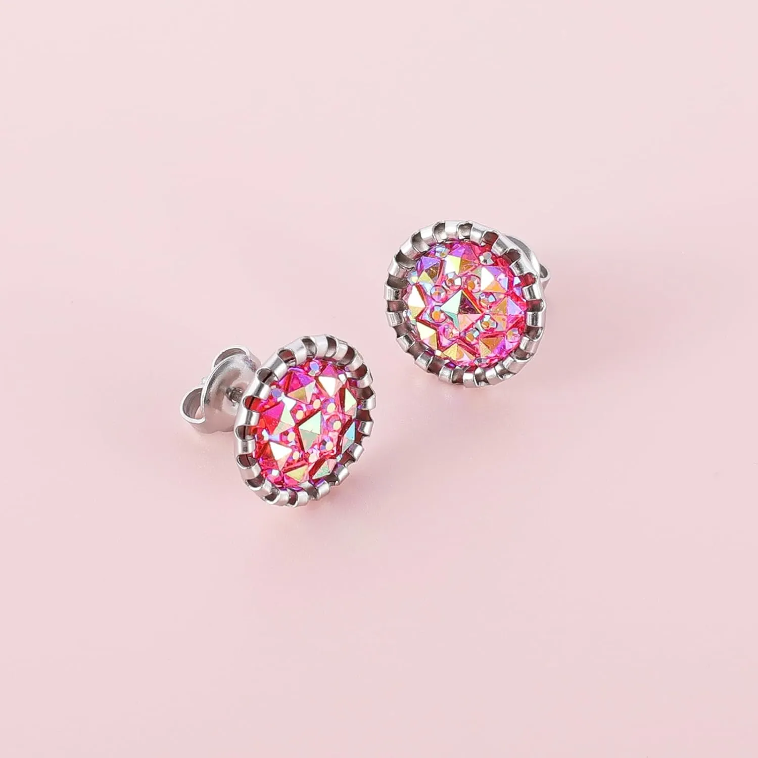 Stainless Steel Round Druzy Multi Colored Stud Earring Set for Men Women Gold Plated Surgical Steel Faux Druzy Stud Earrings 12 Pairs