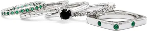 Sterling Silver, Black Agate, Created Emerald & Diamond 5 Ring Set (I3 Clarity, H-I Color)