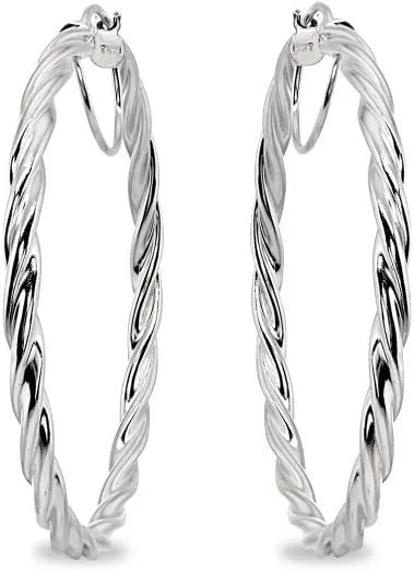 Sterling Silver Twist Round Hoop Earrings for Women (3x15mm - 45mm Diameter)