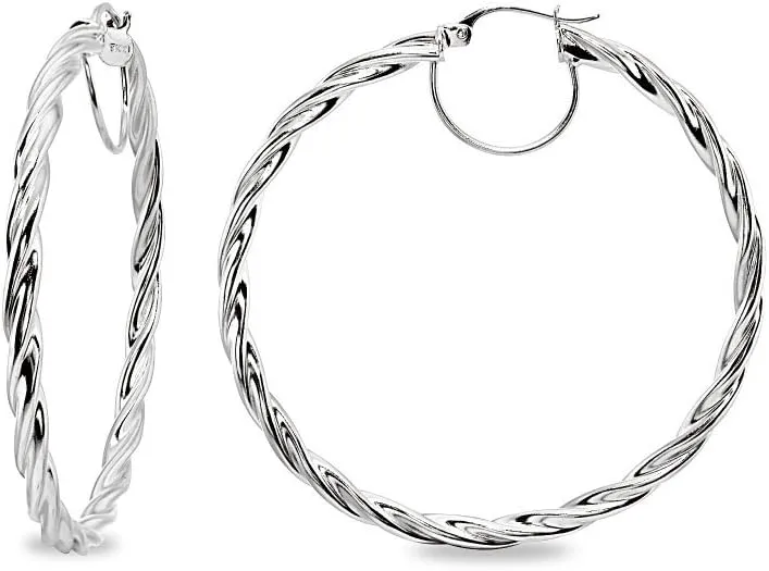 Sterling Silver Twist Round Hoop Earrings for Women (3x15mm - 45mm Diameter)