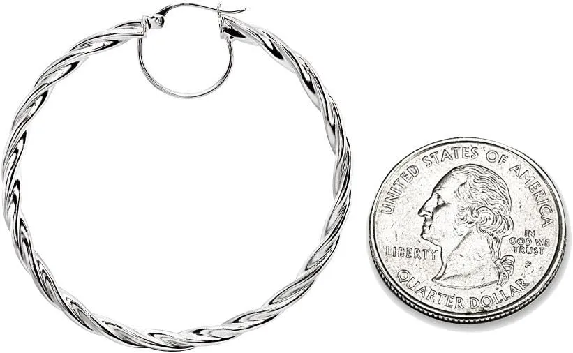 Sterling Silver Twist Round Hoop Earrings for Women (3x15mm - 45mm Diameter)