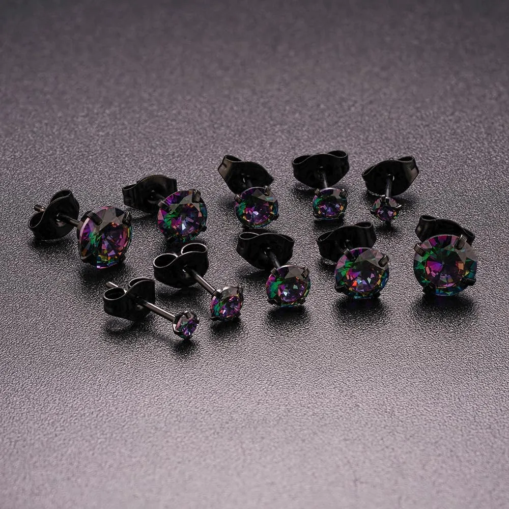 Surgical Steel Stud Earrings Set for Women, Clear Round Cubic Zirconia Earrings Pack, Hypoallergenic 14K White Gold Black Plated 316L CZ Earrings 5 Pairs