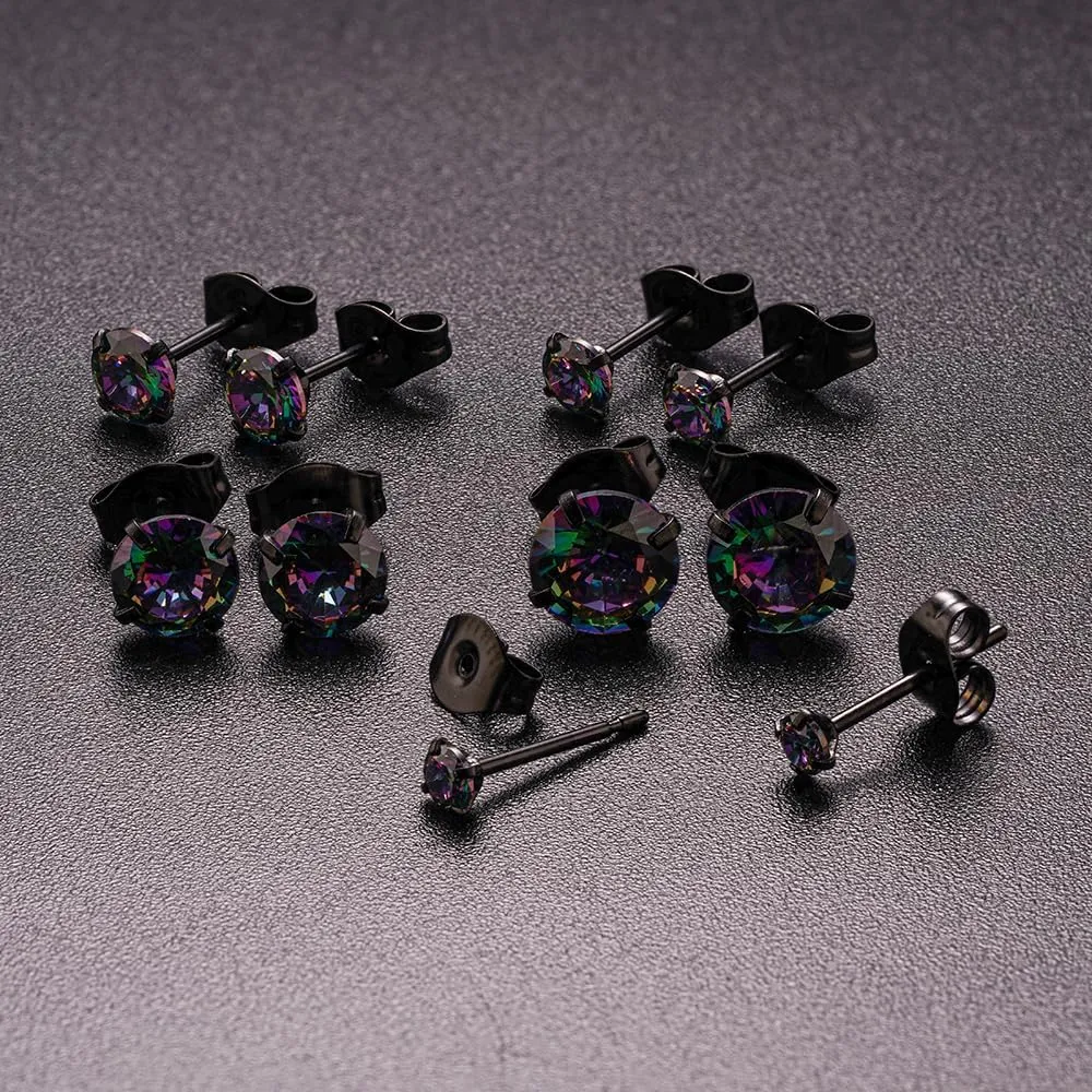 Surgical Steel Stud Earrings Set for Women, Clear Round Cubic Zirconia Earrings Pack, Hypoallergenic 14K White Gold Black Plated 316L CZ Earrings 5 Pairs