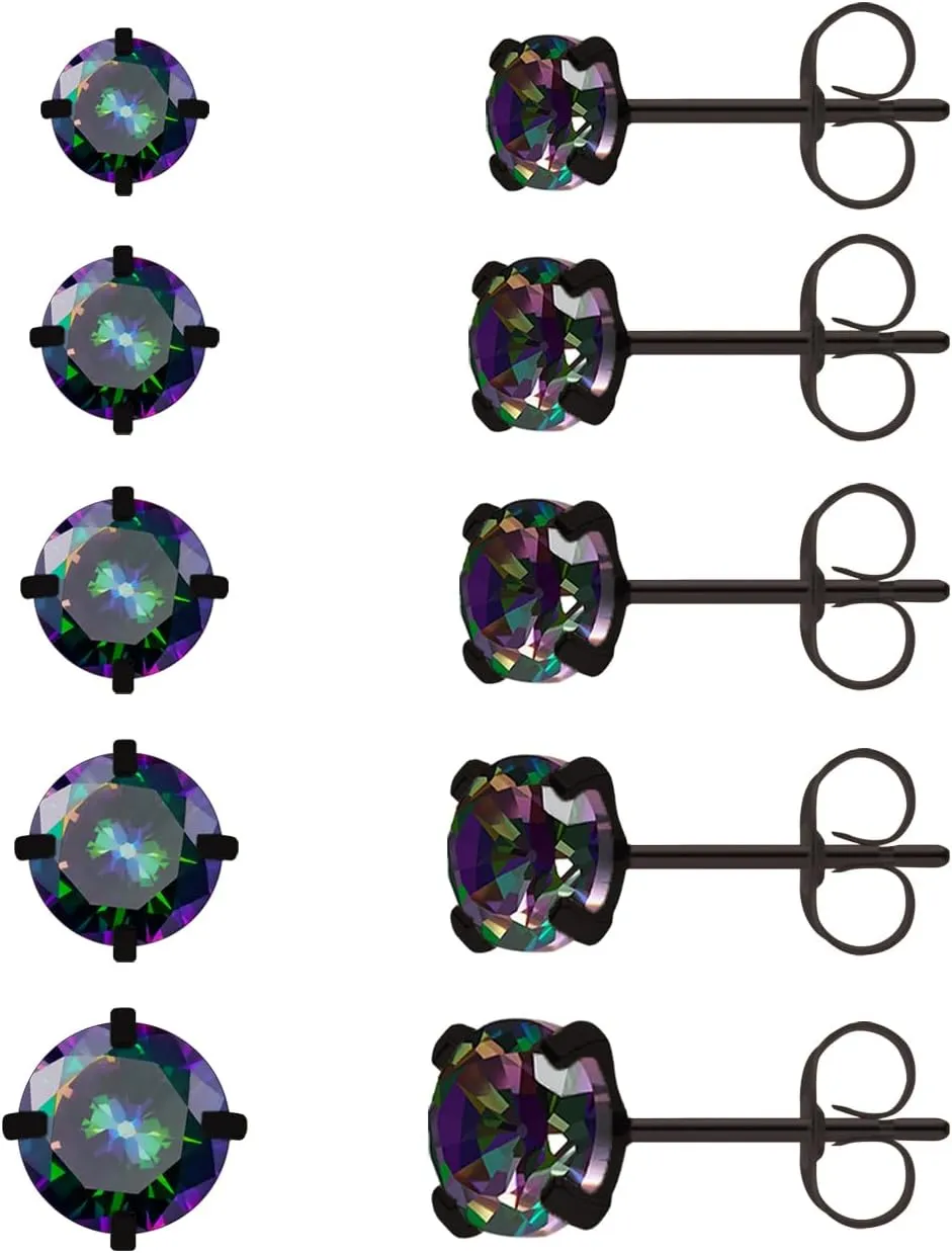 Surgical Steel Stud Earrings Set for Women, Clear Round Cubic Zirconia Earrings Pack, Hypoallergenic 14K White Gold Black Plated 316L CZ Earrings 5 Pairs