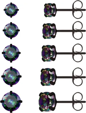 Surgical Steel Stud Earrings Set for Women, Clear Round Cubic Zirconia Earrings Pack, Hypoallergenic 14K White Gold Black Plated 316L CZ Earrings 5 Pairs