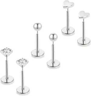 Threadless Flat Back Stud Earrings for Women,14K Gold Push In Cartilage Tragus Helix Earrings for Multiple Piercing,Hypoallergenic Ball CZ Heart Surgical Steel Earrings for Sensitive Ears
