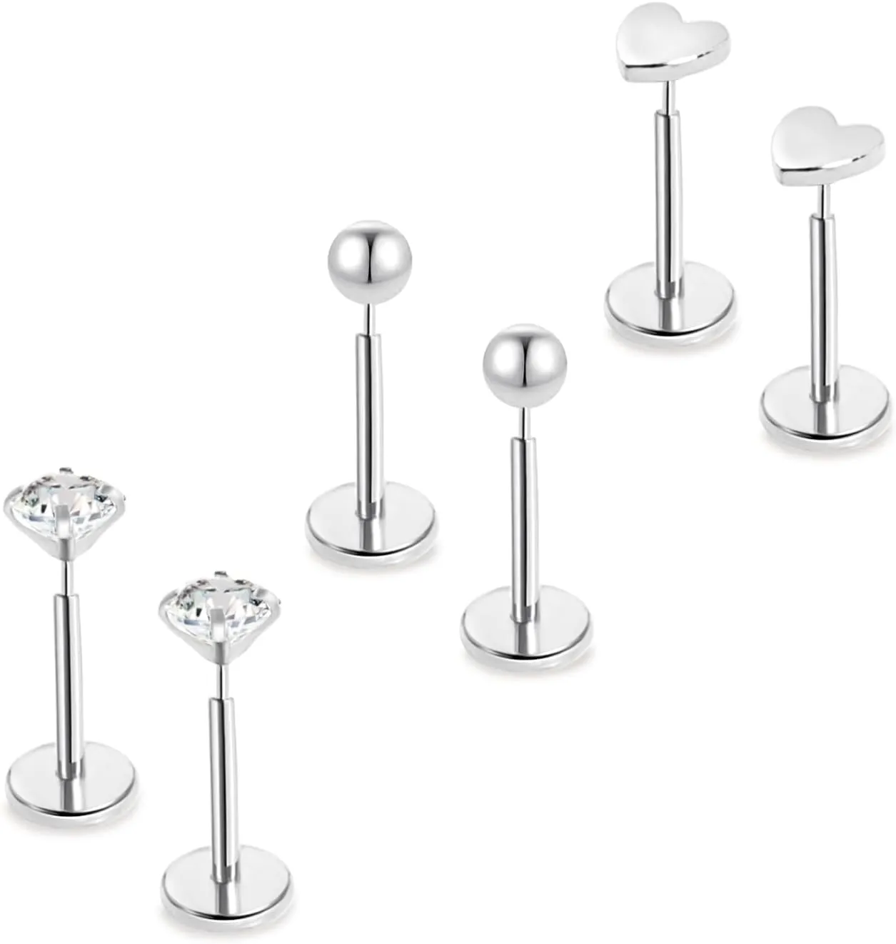 Threadless Flat Back Stud Earrings for Women,14K Gold Push In Cartilage Tragus Helix Earrings for Multiple Piercing,Hypoallergenic Ball CZ Heart Surgical Steel Earrings for Sensitive Ears